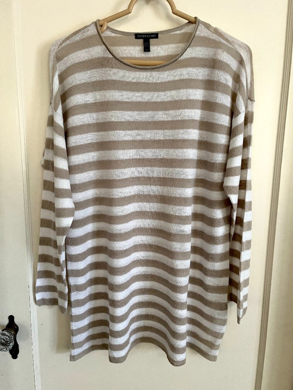 Eileen Fisher Organic Linen/Cotton Tan/White Striped Long Sleeve Shirt_Size L